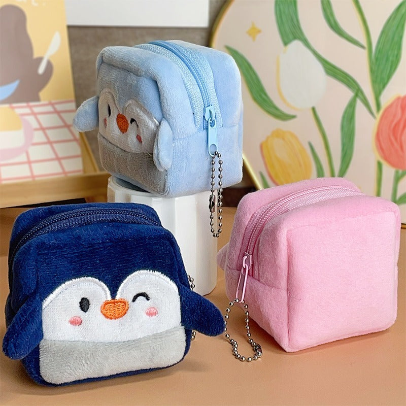 Porte-monnaie enfant peluche manchot, cube zippé de 7 cm