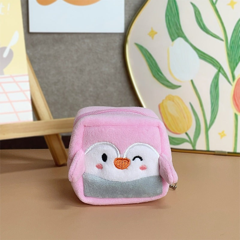 Porte-monnaie enfant peluche manchot, cube zippé de 7 cm