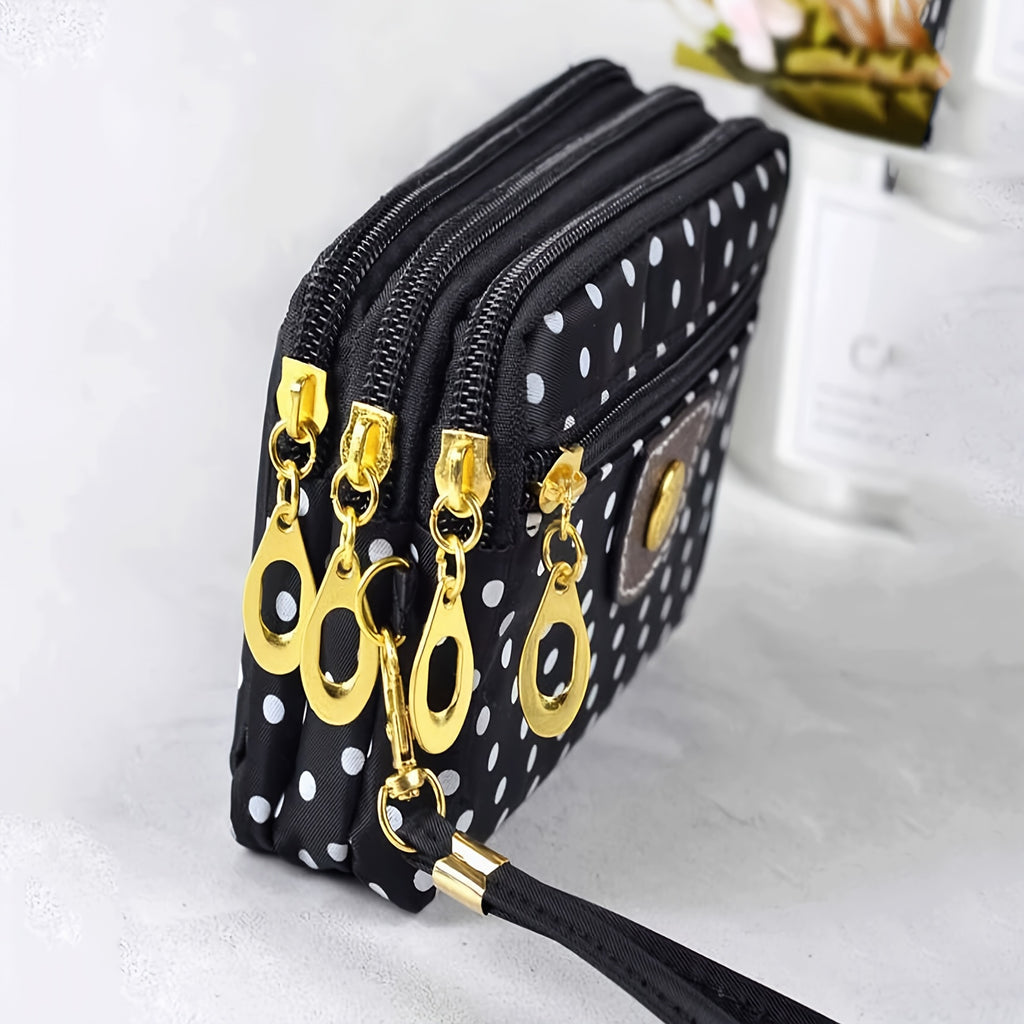 Porte-monnaie femme en nylon à pois, quatre poches zippées