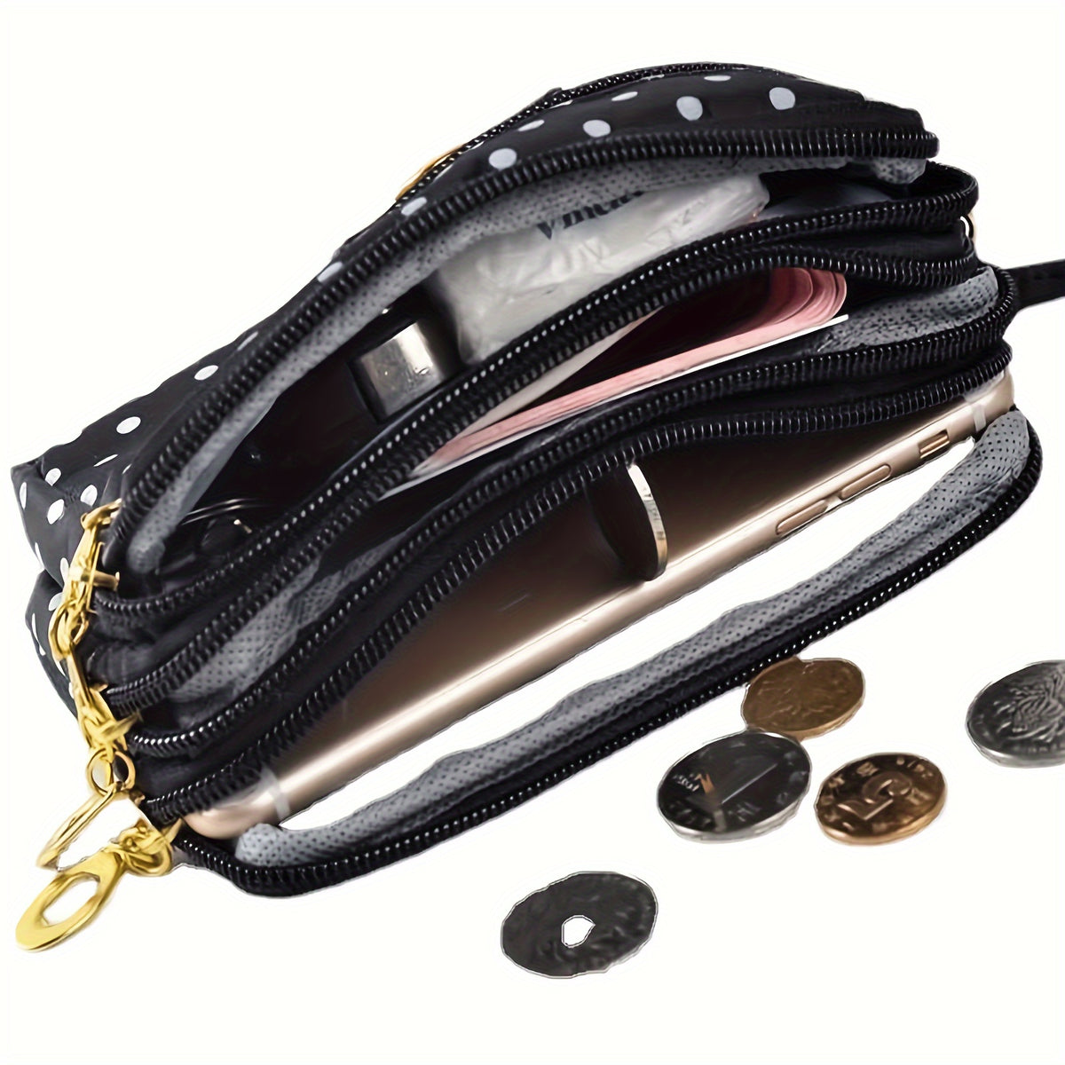Porte-monnaie femme en nylon à pois, quatre poches zippées