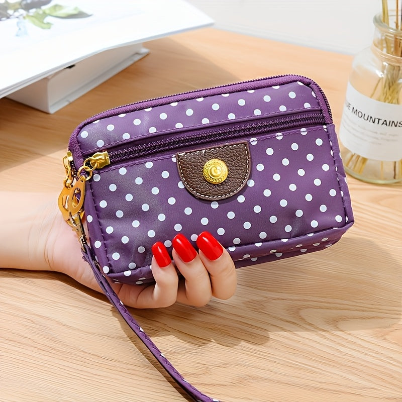 Porte-monnaie femme en nylon à pois, quatre poches zippées