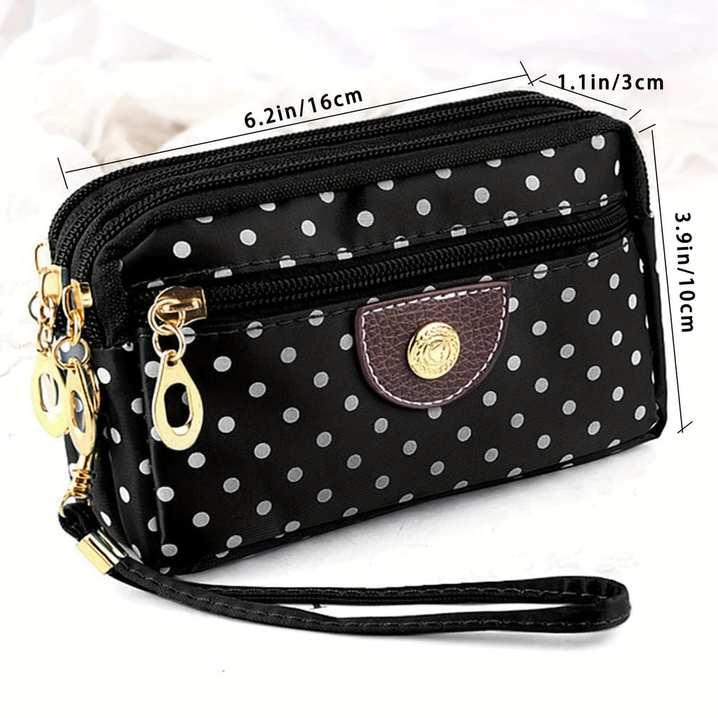 Porte-monnaie femme en nylon à pois, quatre poches zippées