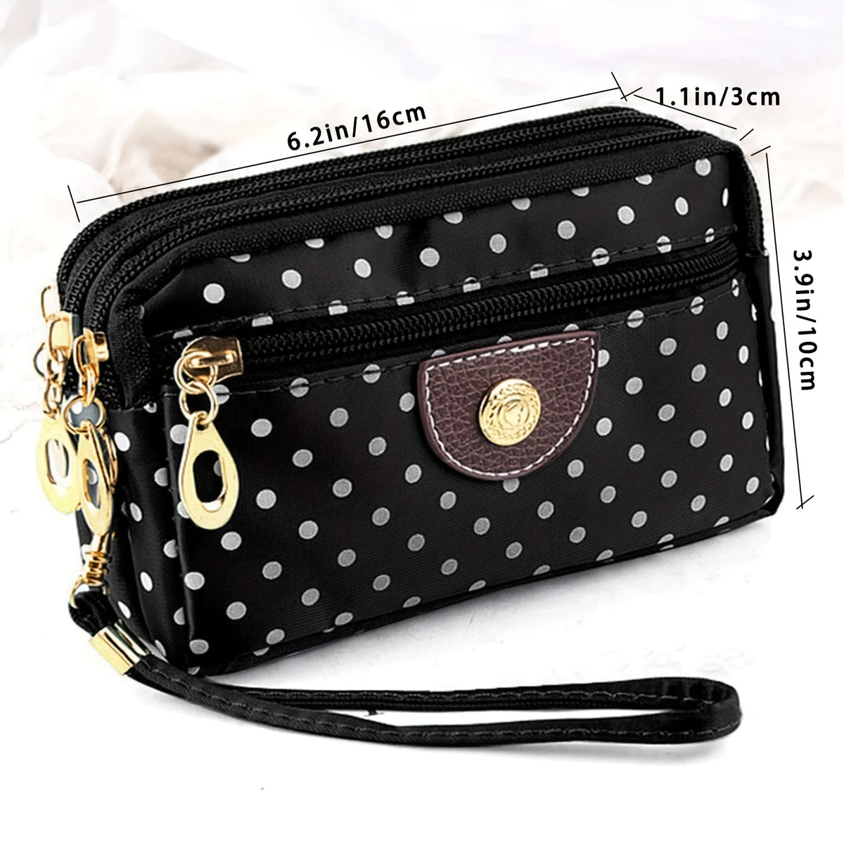 Porte-monnaie femme en nylon à pois, quatre poches zippées