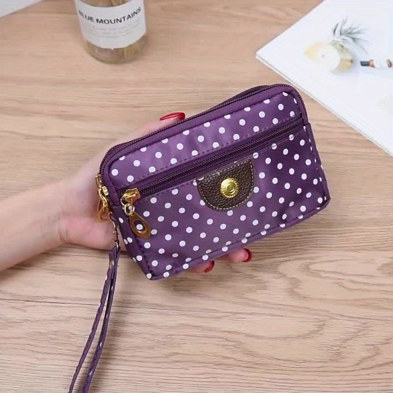 Porte-monnaie femme en nylon à pois, quatre poches zippées