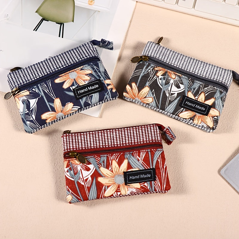Porte-monnaie femme en toile fleurie, deux zips et vichy