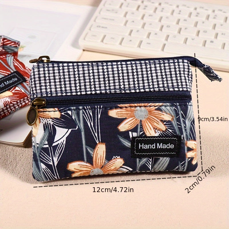 Porte-monnaie femme en toile fleurie, deux zips et vichy