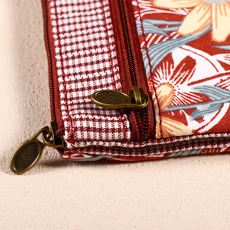 Porte-monnaie femme en toile fleurie, deux zips et vichy