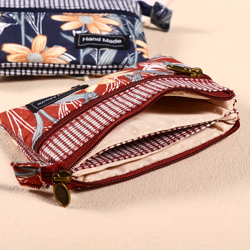 Porte-monnaie femme en toile fleurie, deux zips et vichy