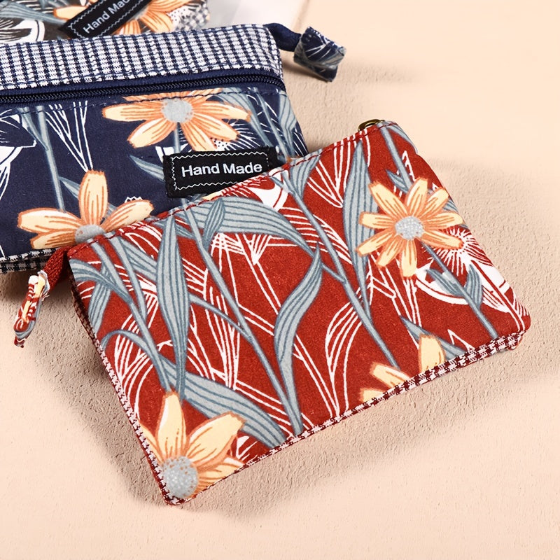 Porte-monnaie femme en toile fleurie, deux zips et vichy