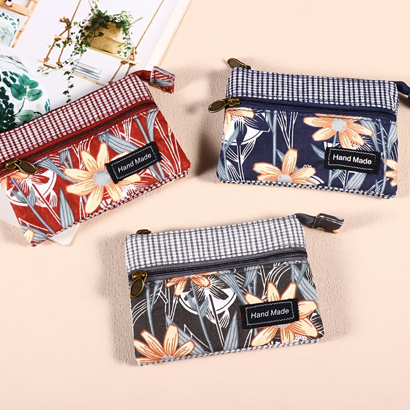 Porte-monnaie femme en toile fleurie, deux zips et vichy