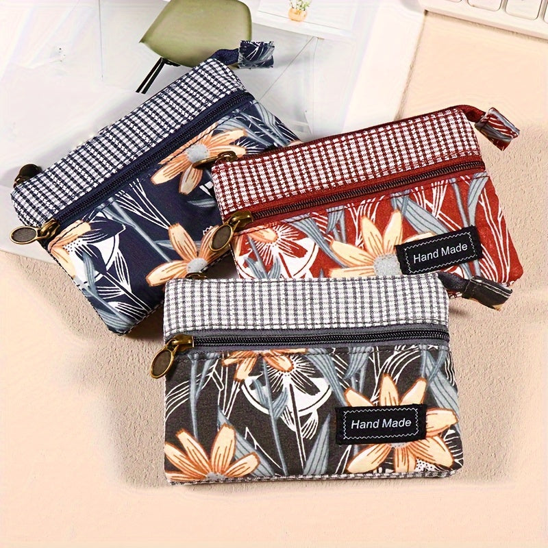 Porte-monnaie femme en toile fleurie, deux zips et vichy