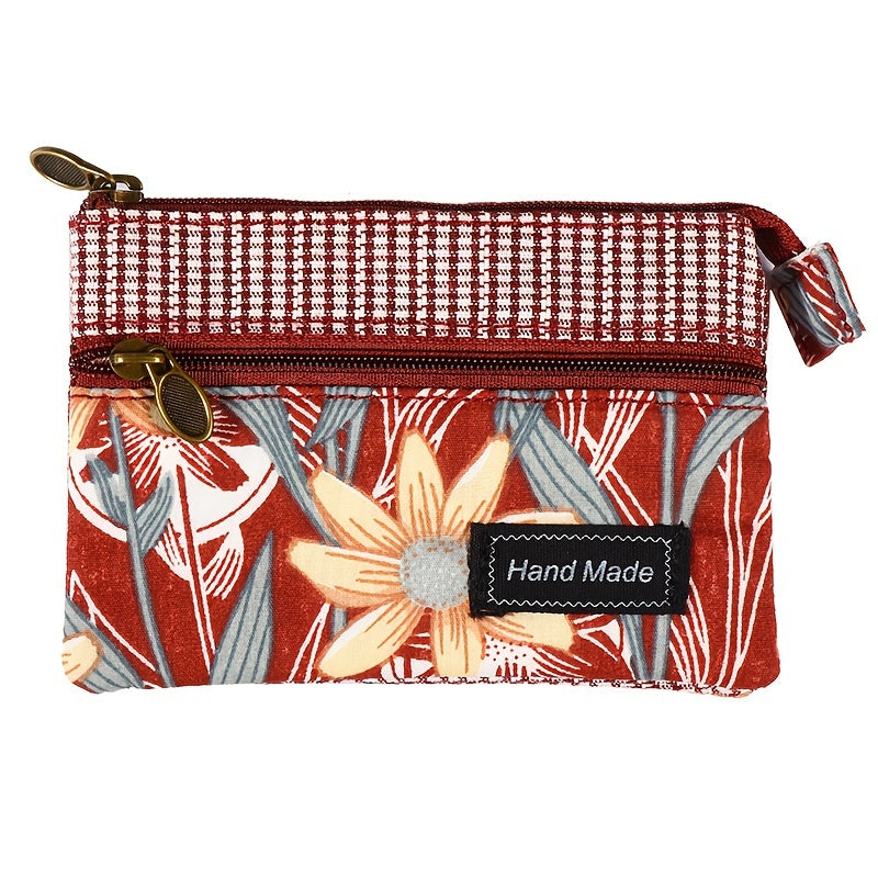 Porte-monnaie femme en toile fleurie, deux zips et vichy
