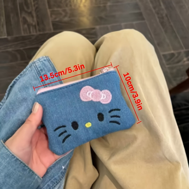 Porte-monnaie fille chat brodé, mini bourse velours côtelé