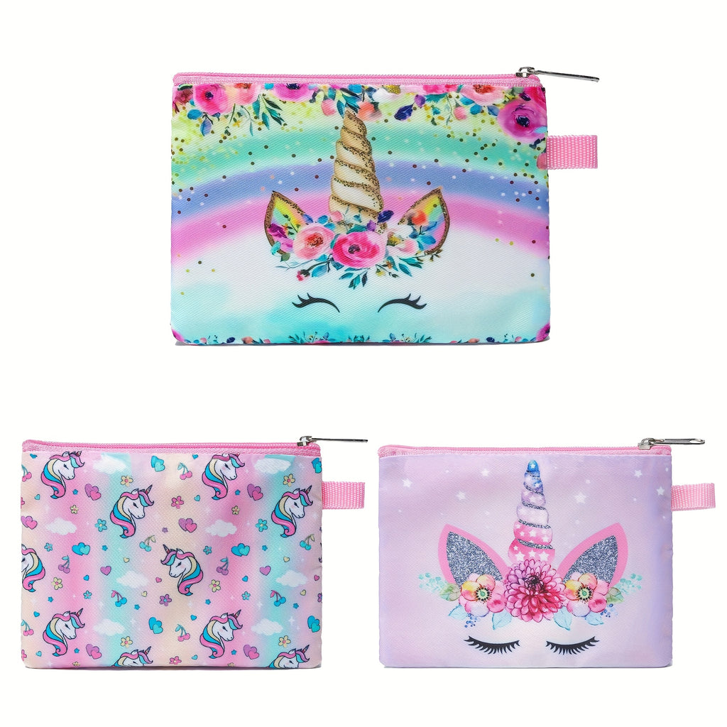 Porte-monnaie licorne zippé, pochette plate en toile imprimée
