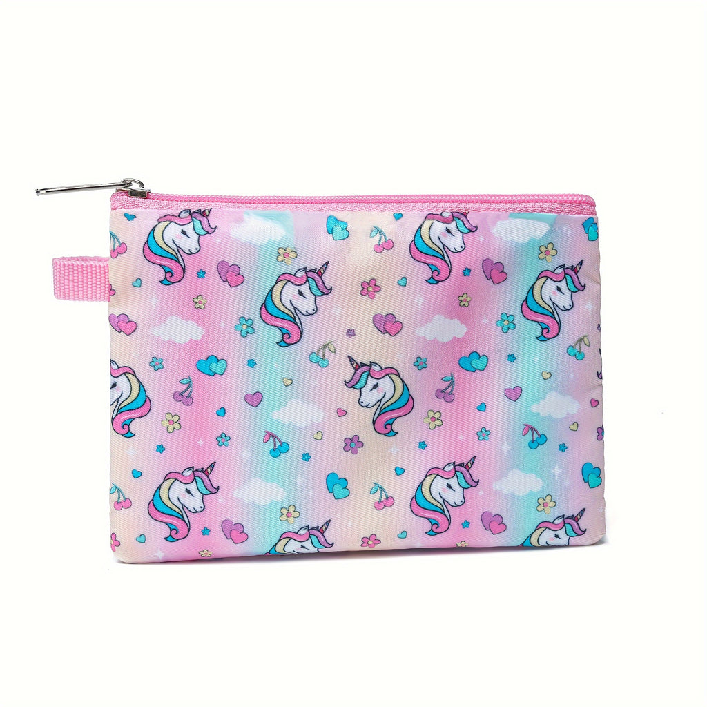 Porte-monnaie licorne zippé, pochette plate en toile imprimée
