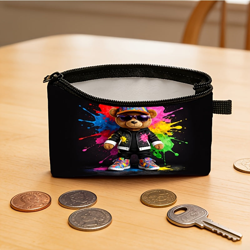 Porte-monnaie zippé à imprimé ours graffiti multicolore