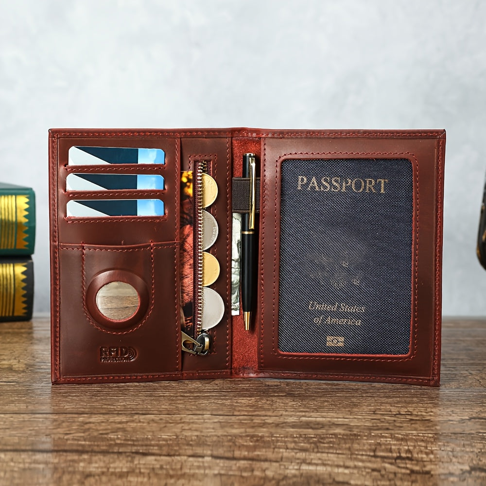 Porte-passeport homme en cuir noir, blocage RFID et traceur