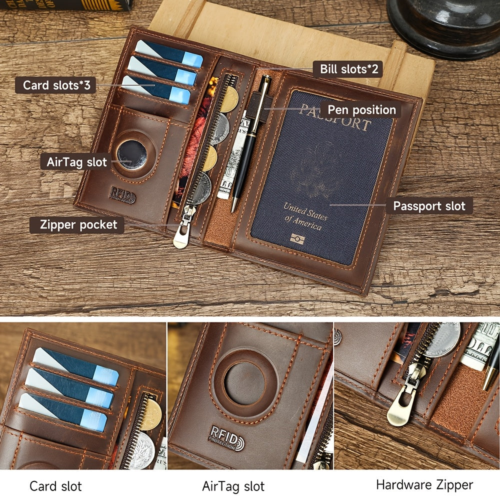 Porte-passeport homme en cuir noir, blocage RFID et traceur