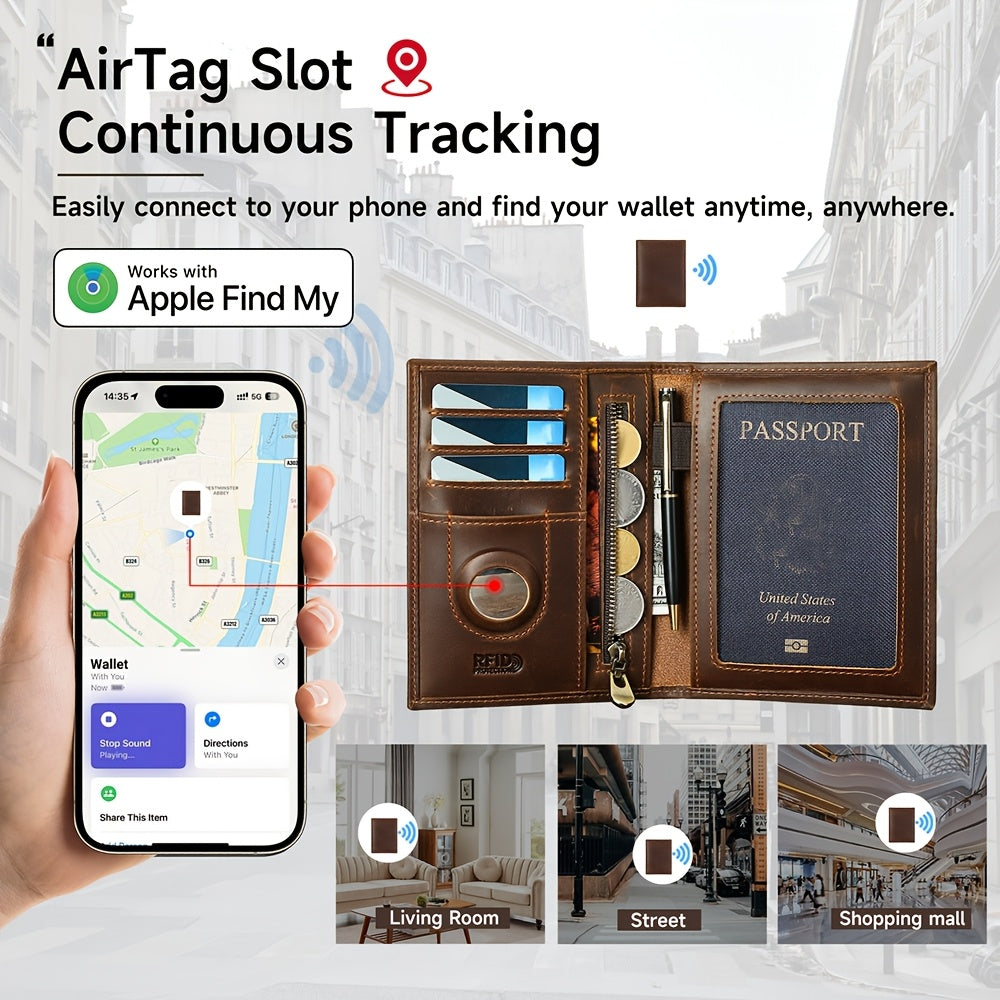 Porte-passeport homme en cuir noir, blocage RFID et traceur