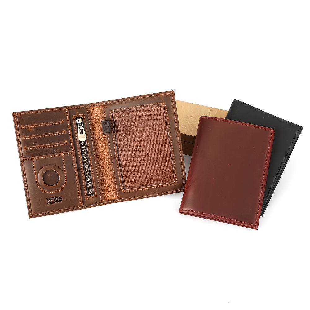 Porte-passeport homme en cuir noir, blocage RFID et traceur
