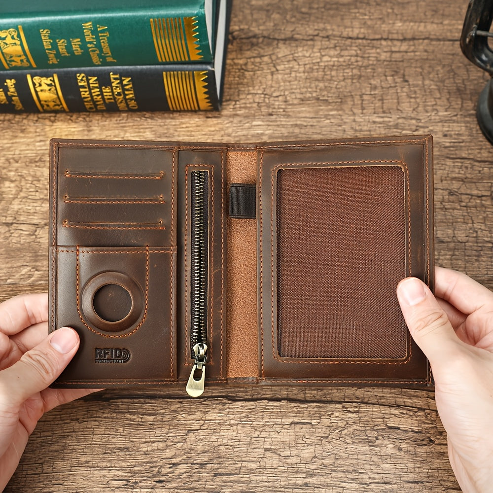 Porte-passeport homme en cuir noir, blocage RFID et traceur