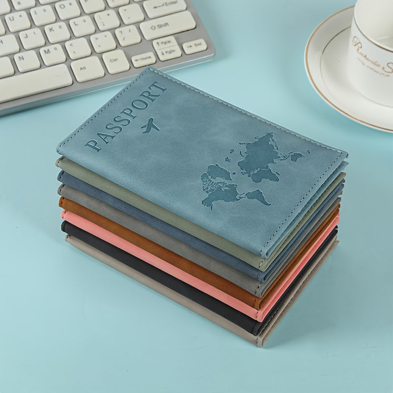 Porte-passeport en PU effet nubuck, carte du monde gaufrée