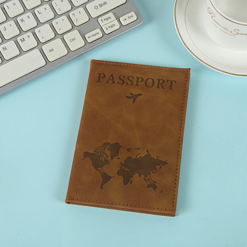 Porte-passeport en PU effet nubuck, carte du monde gaufrée