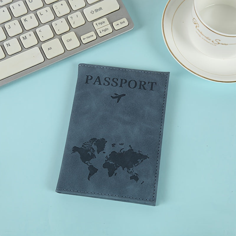 Porte-passeport en PU effet nubuck, carte du monde gaufrée
