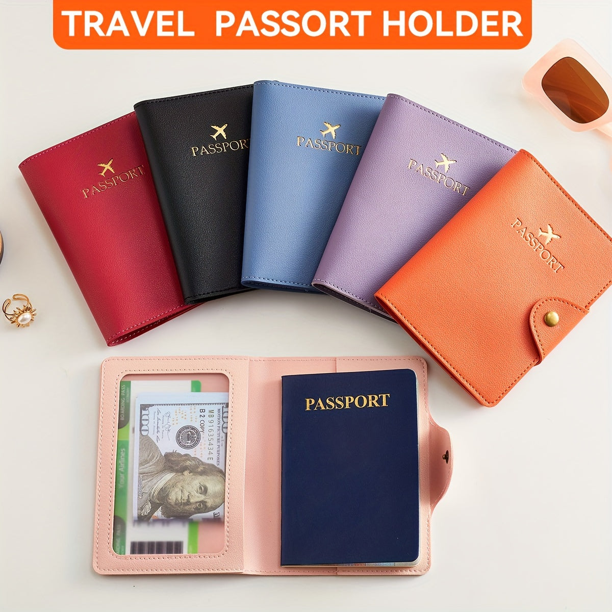 Porte-passeport similicuir à fermoir métallique, 5 coloris