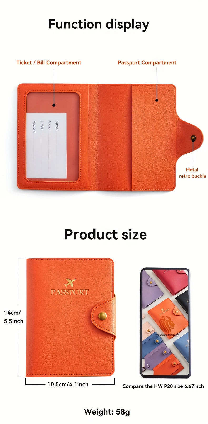 Porte-passeport similicuir à fermoir métallique, 5 coloris