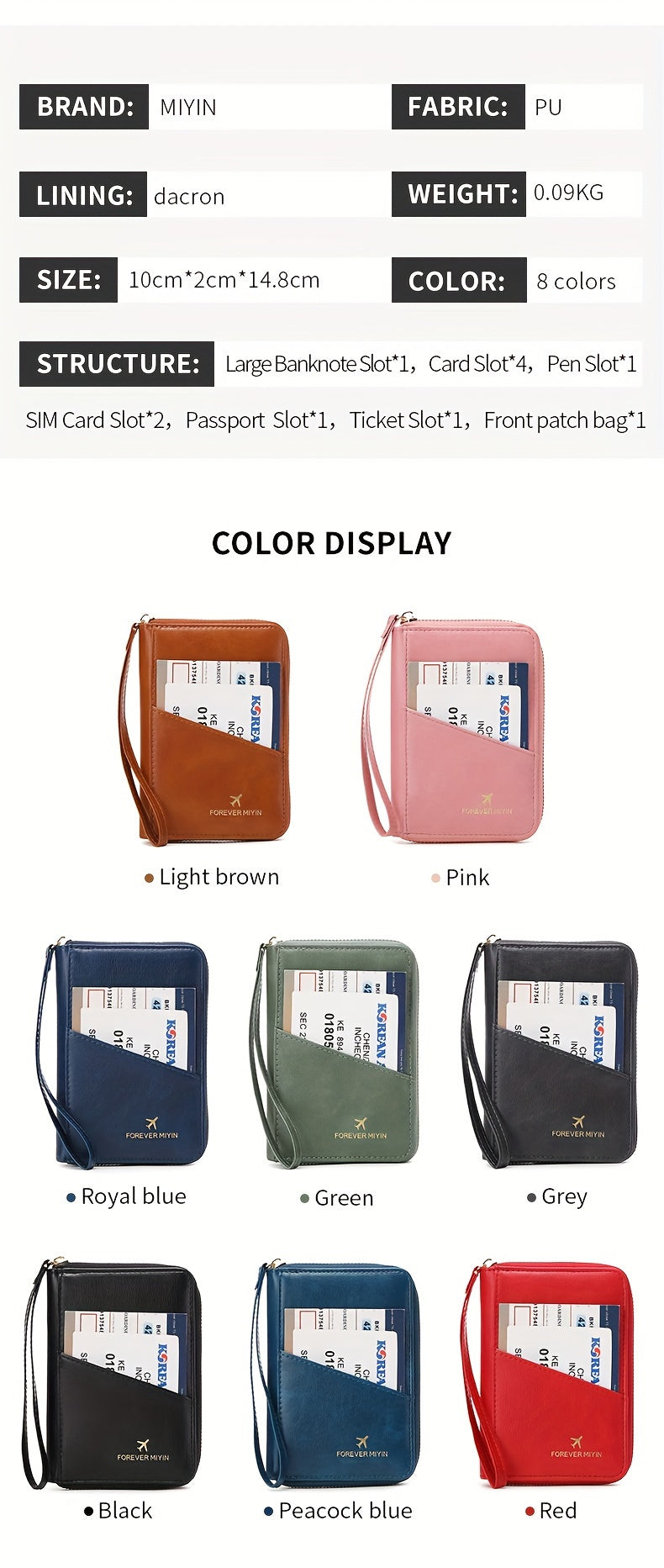 Porte-passeport zippé anti-RFID à 11 rangements et dragonne