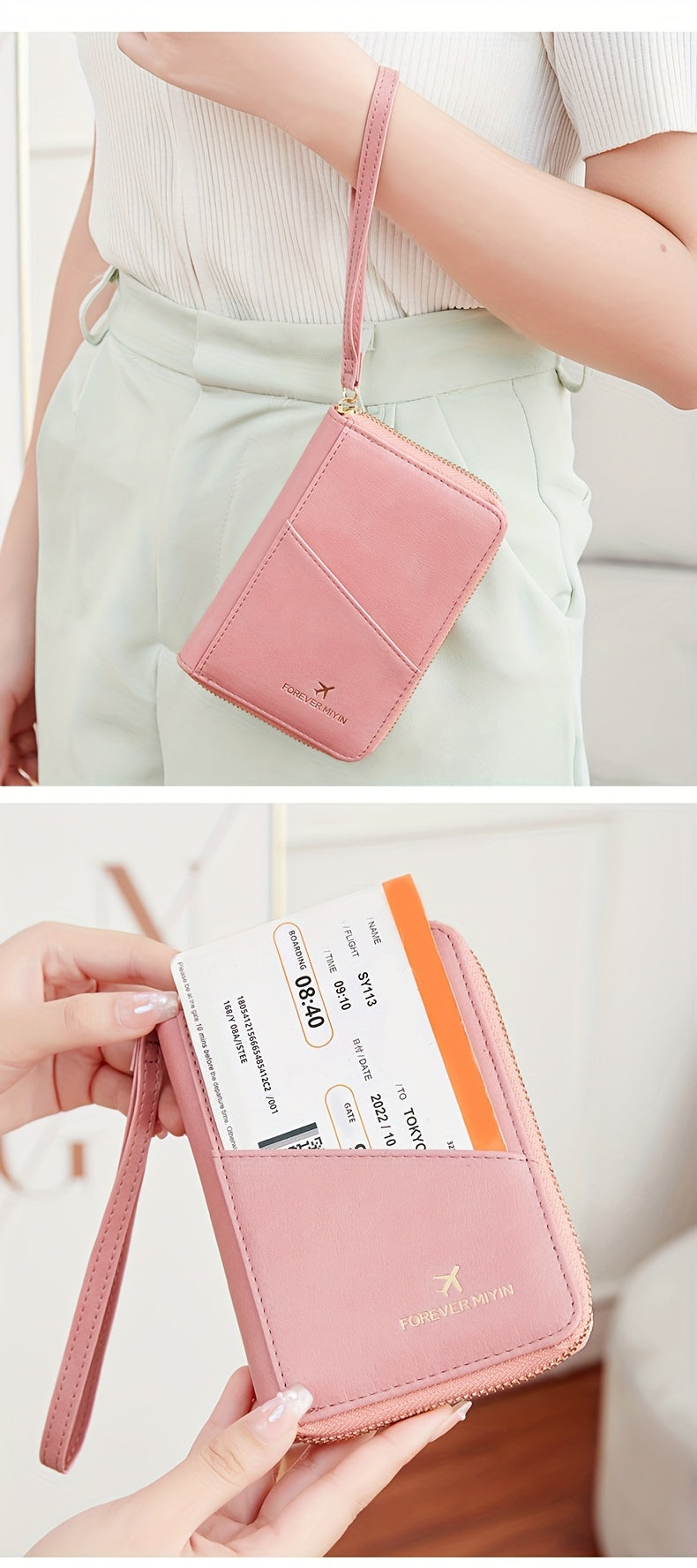 Porte-passeport zippé anti-RFID à 11 rangements et dragonne