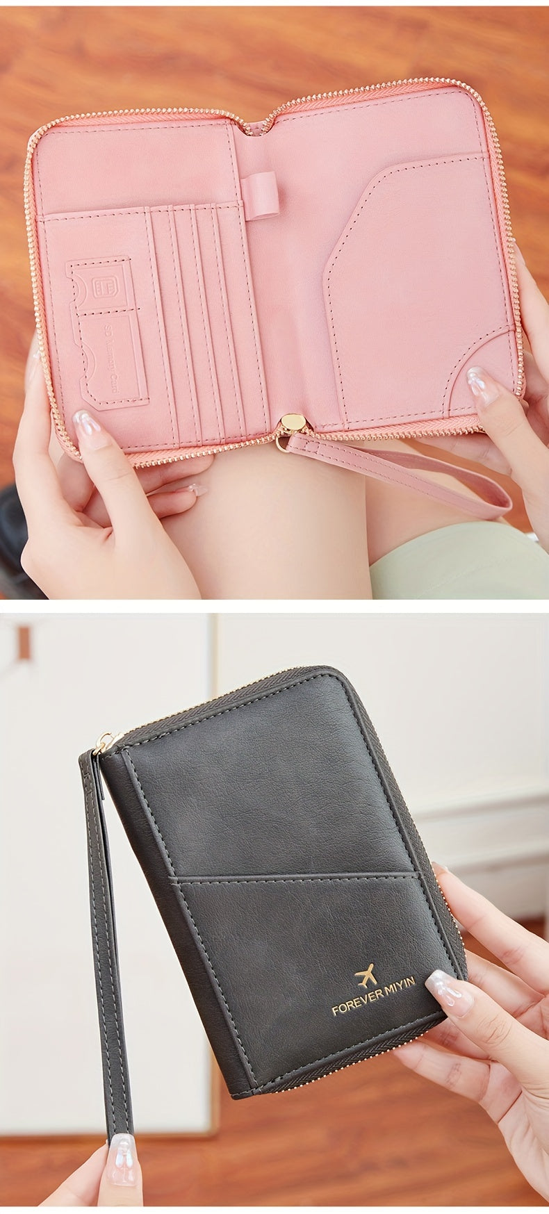 Porte-passeport zippé anti-RFID à 11 rangements et dragonne