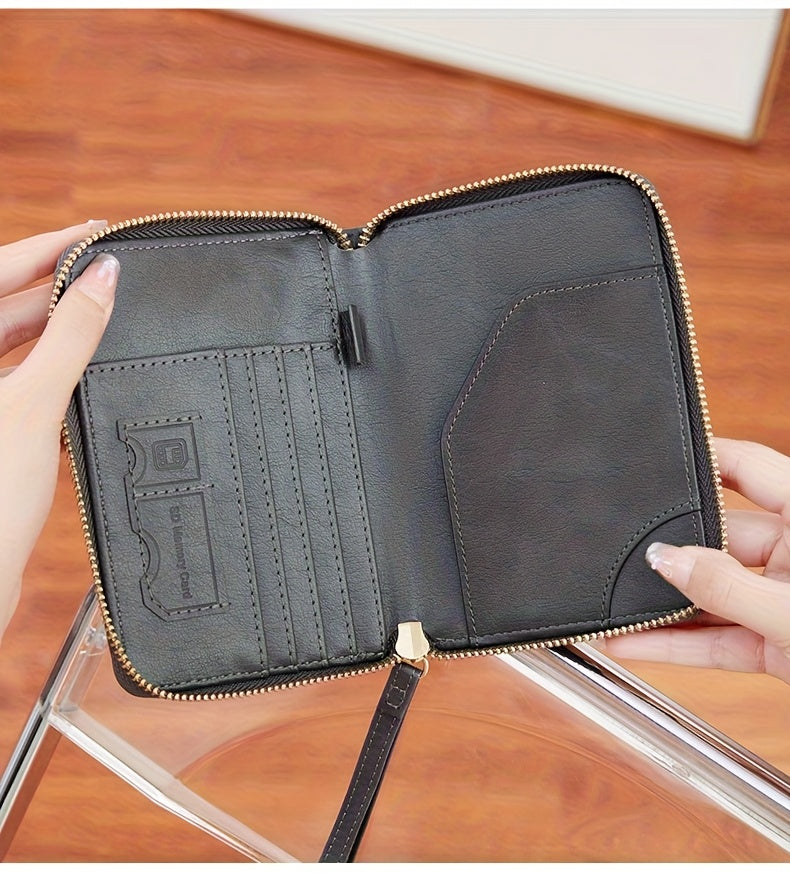 Porte-passeport zippé anti-RFID à 11 rangements et dragonne