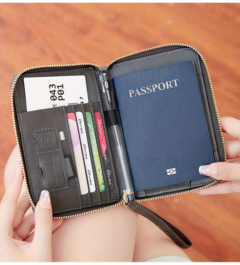 Porte-passeport zippé anti-RFID à 11 rangements et dragonne