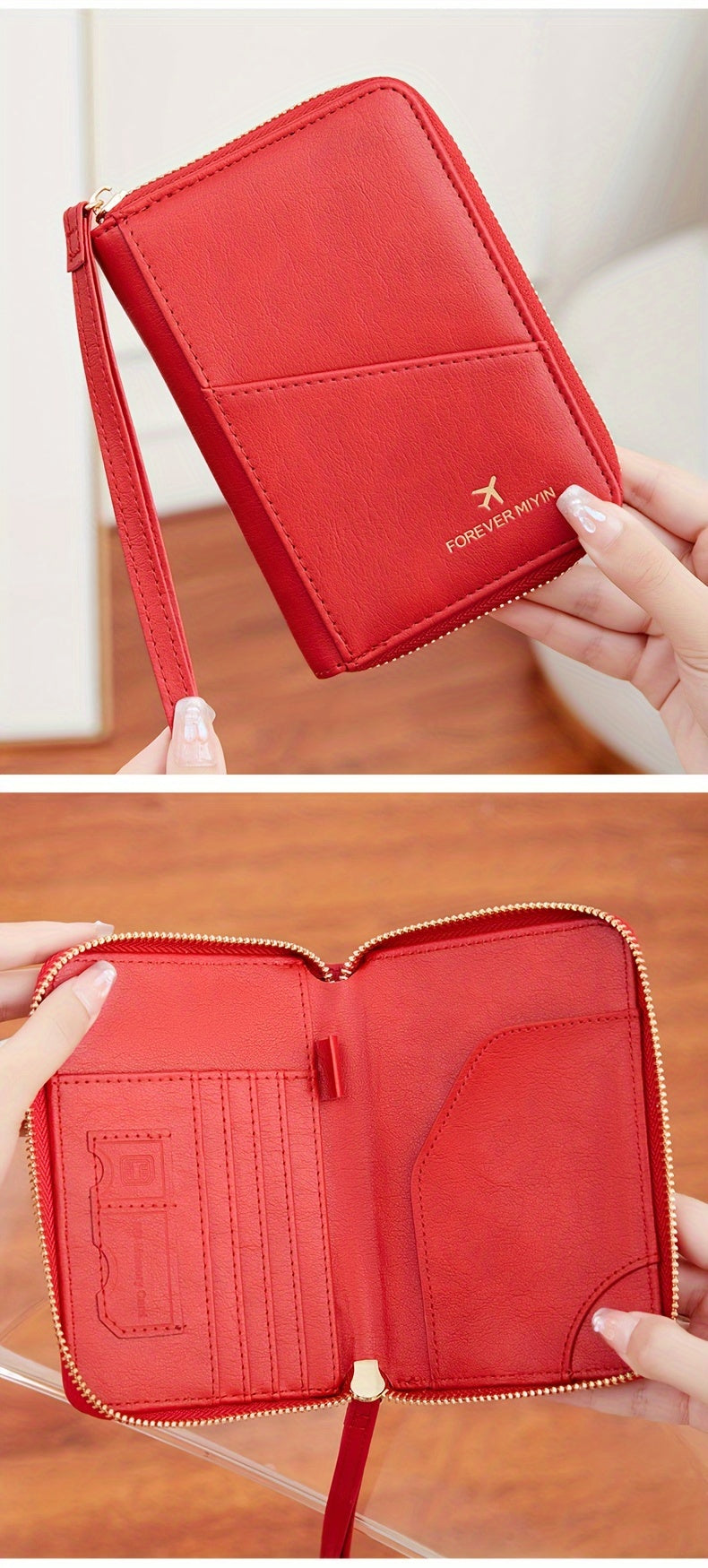 Porte-passeport zippé anti-RFID à 11 rangements et dragonne