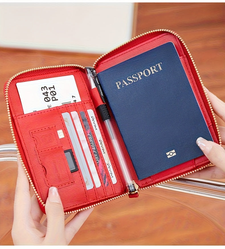 Porte-passeport zippé anti-RFID à 11 rangements et dragonne