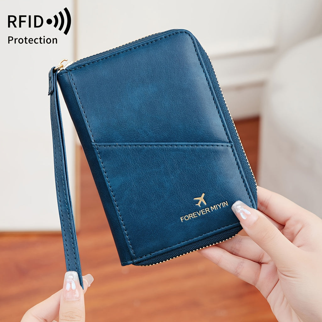 Porte-passeport zippé anti-RFID à 11 rangements et dragonne