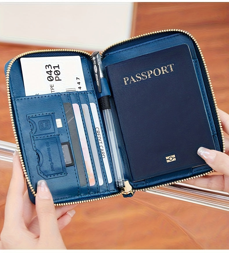 Porte-passeport zippé anti-RFID à 11 rangements et dragonne