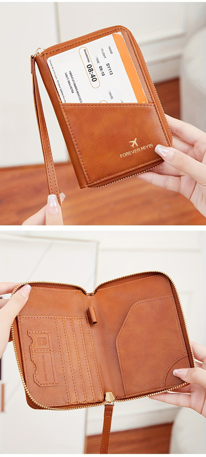 Porte-passeport zippé anti-RFID à 11 rangements et dragonne