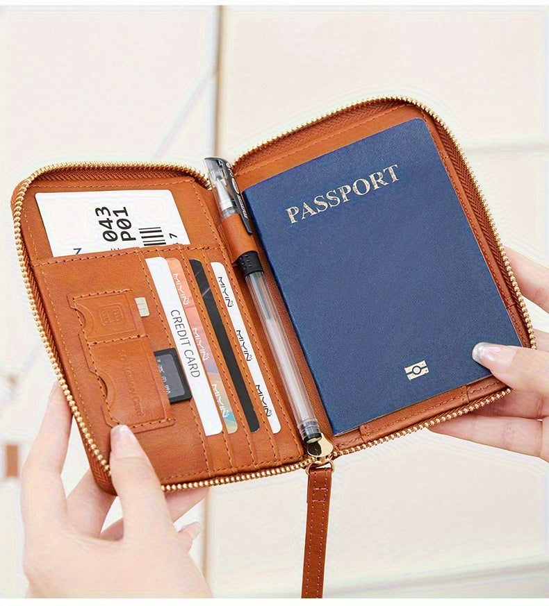Porte-passeport zippé anti-RFID à 11 rangements et dragonne