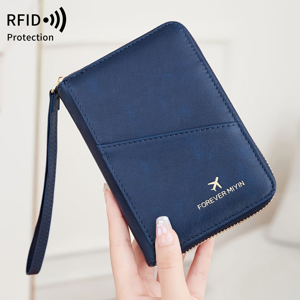 Porte-passeport zippé anti-RFID à 11 rangements et dragonne