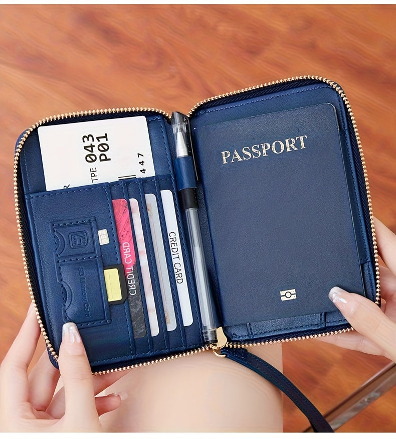Porte-passeport zippé anti-RFID à 11 rangements et dragonne