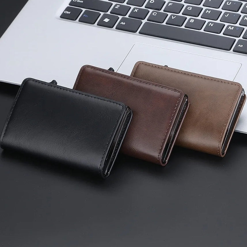Portefeuille carte RFID homme en cuir PU avec éjection automatique et design compact — photo 2