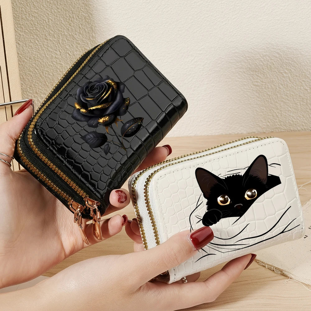 Portefeuille compact femme à double zip en similicuir avec motif chat et porte-cartes — photo 1