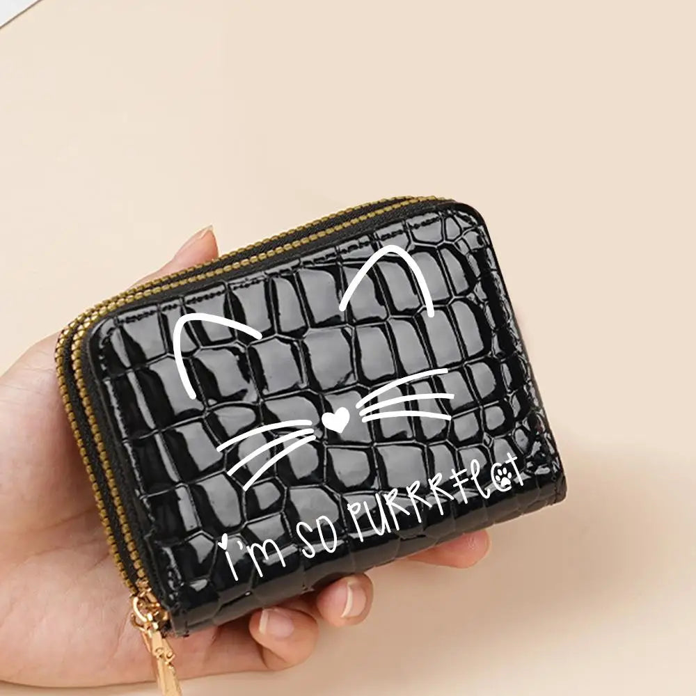 Portefeuille compact femme à double zip en similicuir avec motif chat et porte-cartes — photo 12