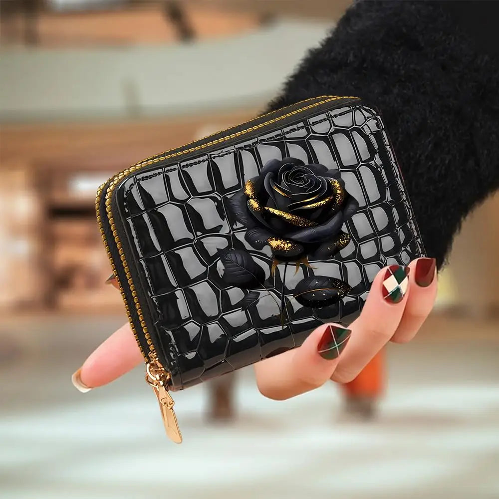 Portefeuille compact femme à double zip en similicuir avec motif chat et porte-cartes — photo 13