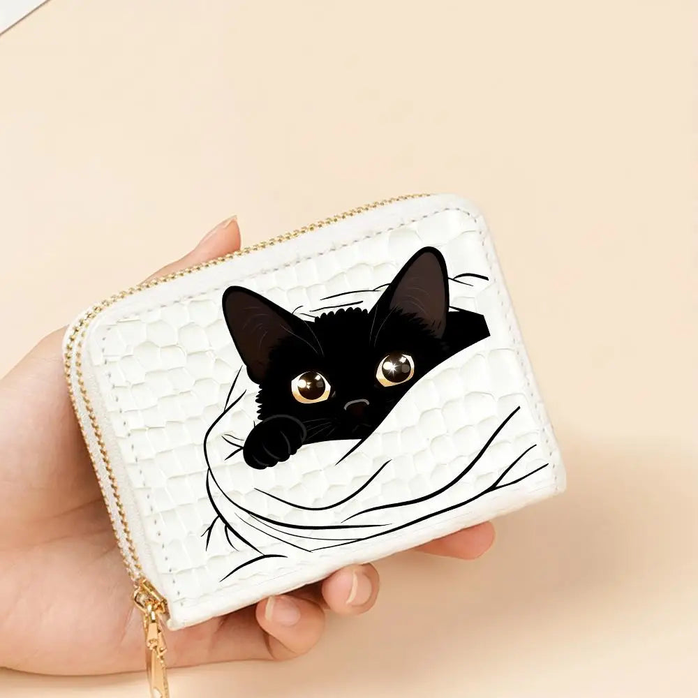 Portefeuille compact femme à double zip en similicuir avec motif chat et porte-cartes — photo 15