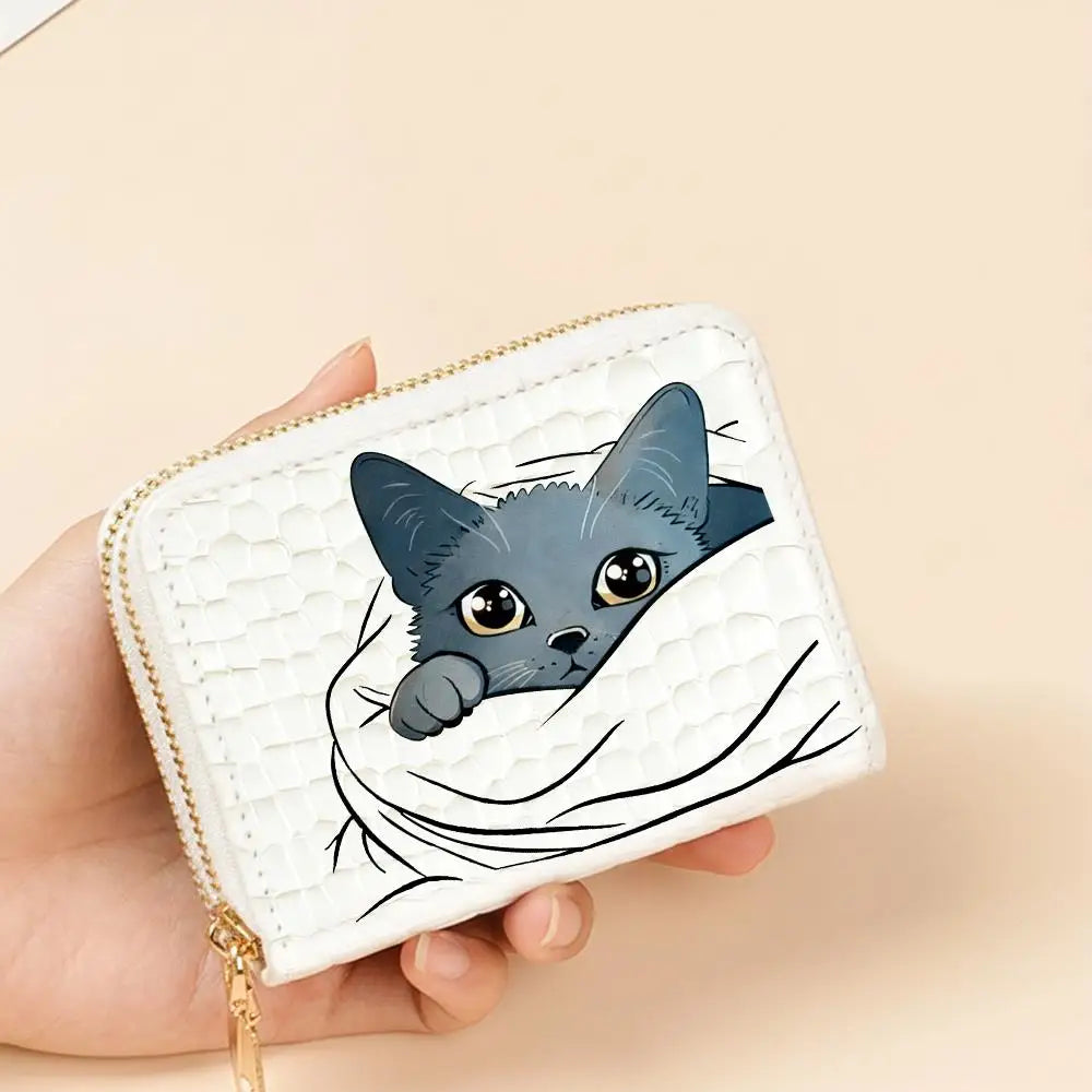 Portefeuille compact femme à double zip en similicuir avec motif chat et porte-cartes — photo 18