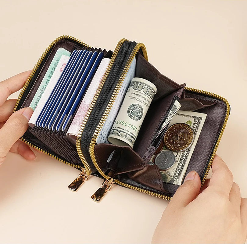 Portefeuille compact femme à double zip en similicuir avec motif chat et porte-cartes — photo 2
